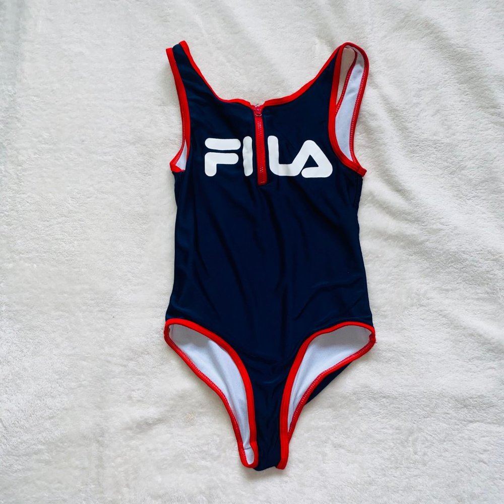 Blue fila one price swim suit with red border
